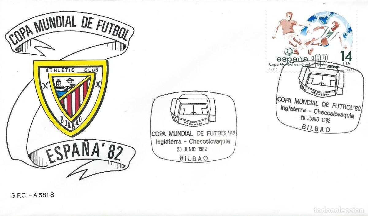 Sellos: 1982. BILBAO. MATASELLOS. COPA DEL MUNDO F&Uacute;TBOL ESPA&Ntilde;A'82. INGLATERRA-CHECOSLOV. WORLD CUP. DEPORTES