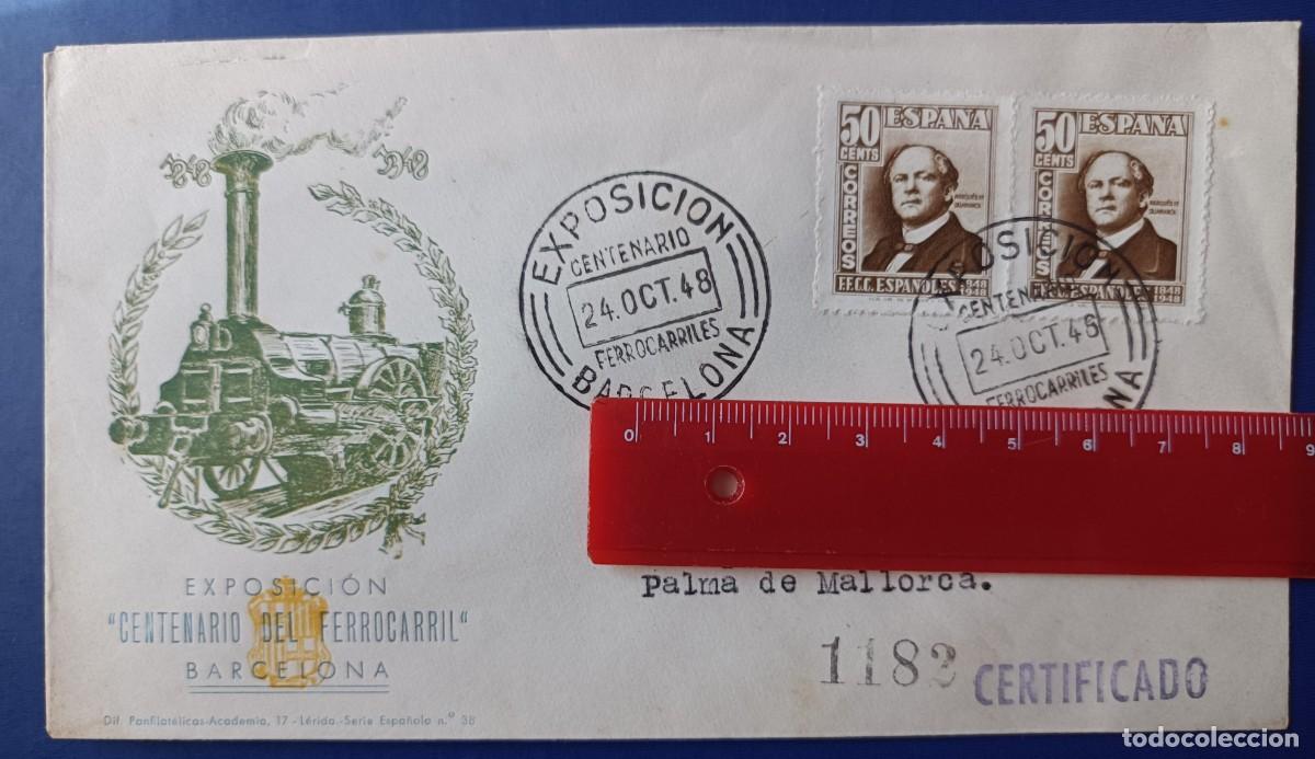 Sellos: SOBRE EXPOSICI&Oacute;N CENTENARIO DEL FERROCARRIL BARCELONA 1948 - Foto 1