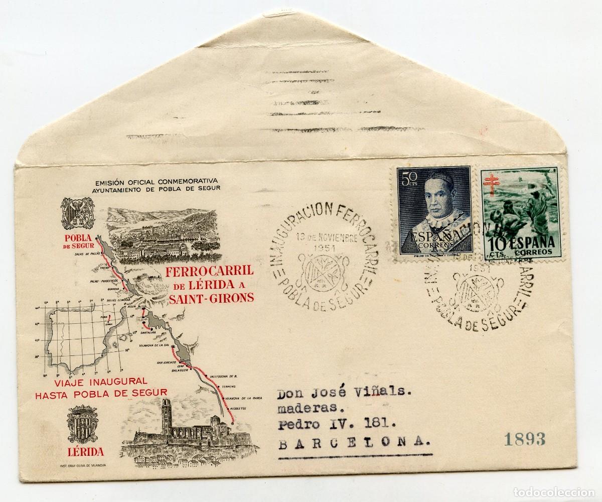 Sellos: La Pobla de Segur Sobre y matasellos conmemorativo + Tarjeta ayuntamiento (1951)