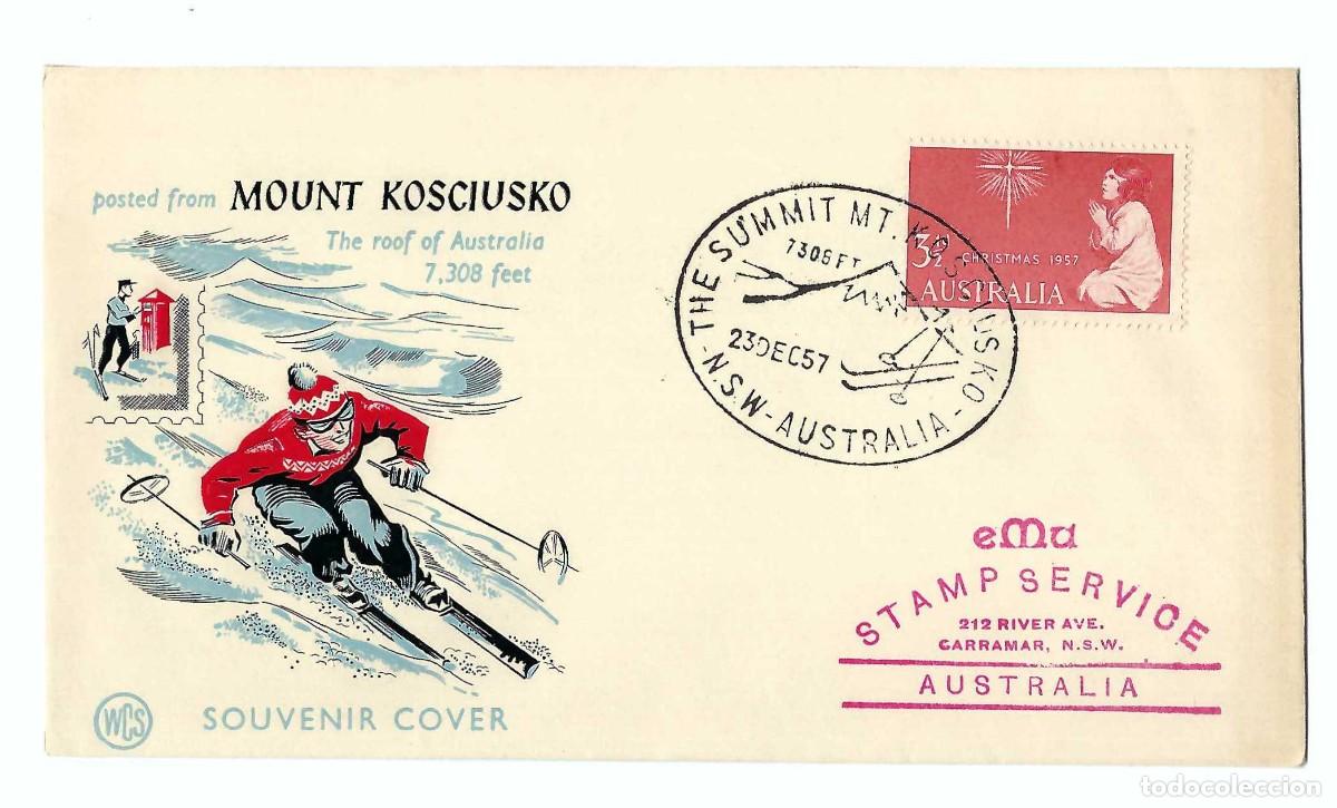 Sellos: SOBRE PRIMER D&Iacute;A- MOUNT KOSCIUSKO. SOUVENIR COVER. SKI. MONTA&Ntilde;A. AUSTRALIA- 1957