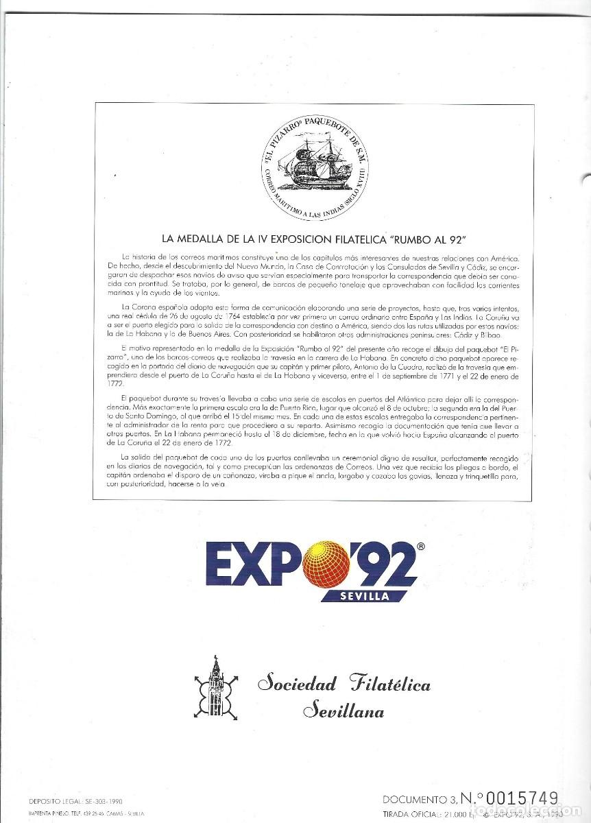 Sellos: DOCUMENTO FILAT&Eacute;LICO 1992 EXPO 92 . LOTE DE 3 DOCUMENTOS - Foto 4