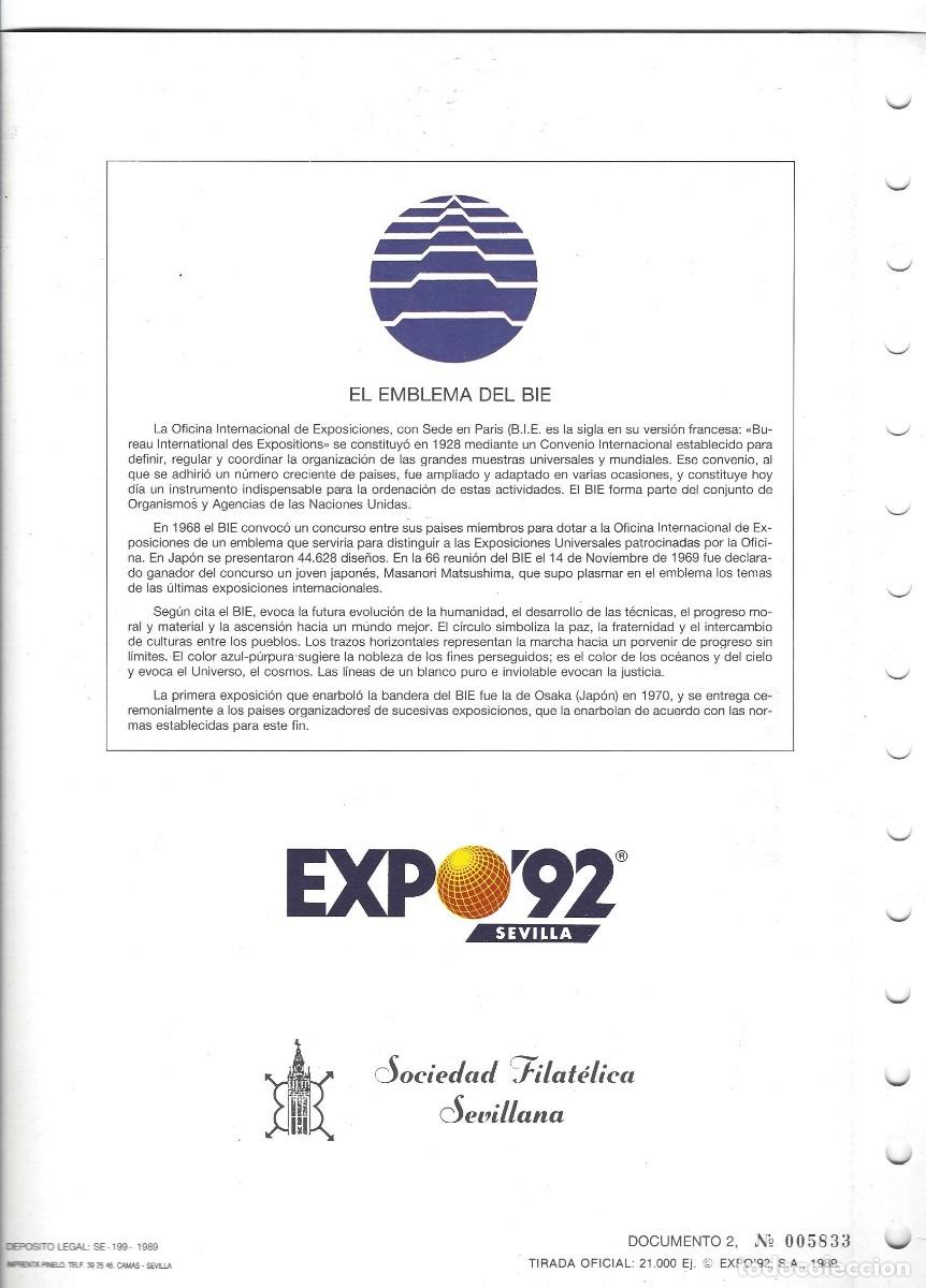 Sellos: DOCUMENTO FILAT&Eacute;LICO 1992 EXPO 92 . LOTE DE 3 DOCUMENTOS - Foto 8