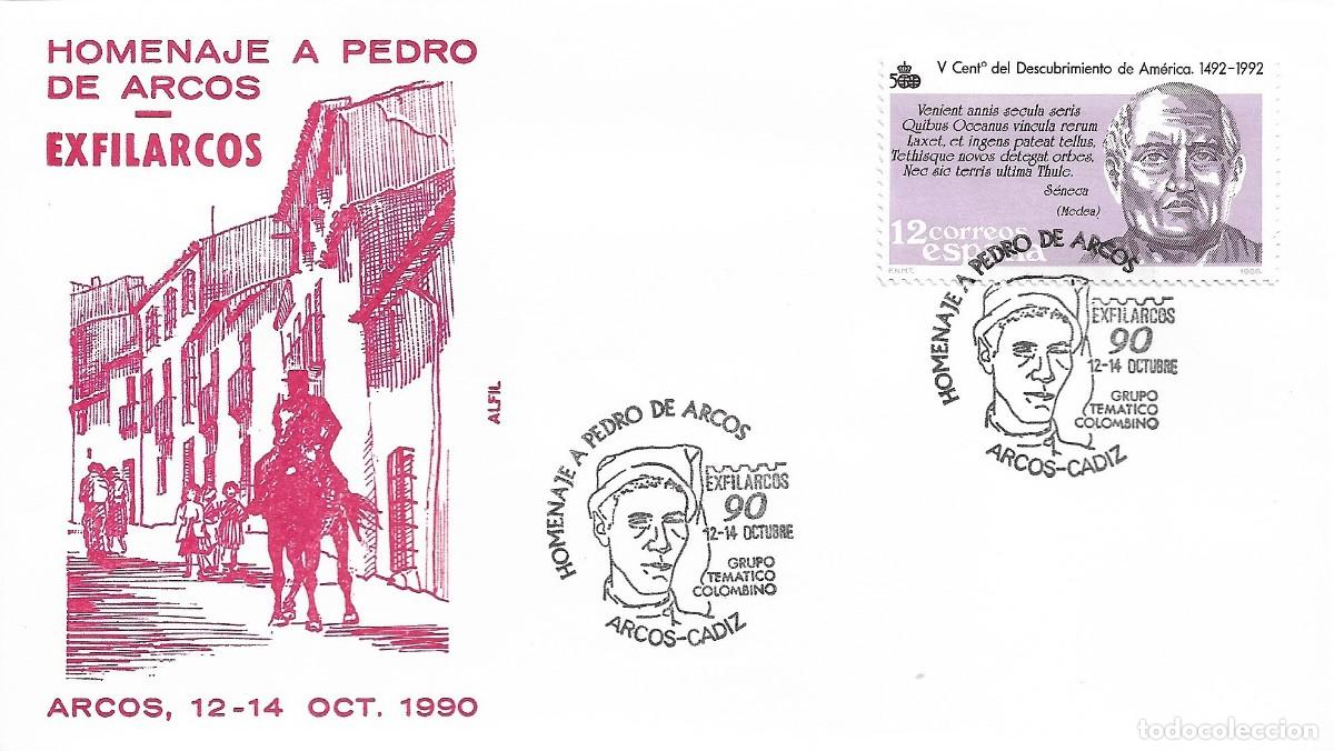 Sellos: PEDRO DE ARCOS HOMENAJE GRUPO TEMATICO COLOMBINO, ARCOS (CADIZ) 1990. RARO MATASELLOS EN SOBRE ALFIL