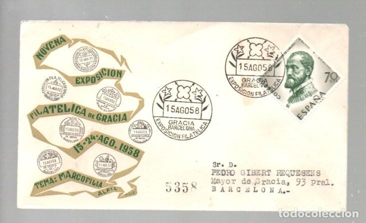 Sellos: NOVENA EXPOSICION FILATELICA DE GRACIA, MARCOFILIA, 1958 SOBRE CIRCULADO ALFIL.