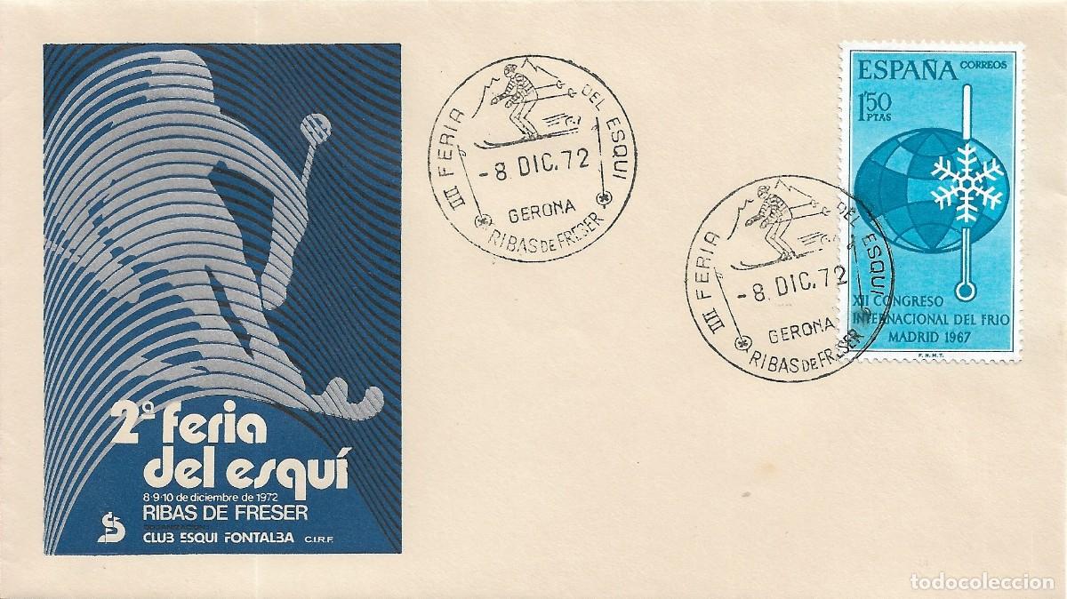 Sellos: II FERIA DEL ESQUI, RIBAS DE FRESER 8 DICIEMBRE (GERONA) 1972. MATASELLOS SOBRE EO BONITO Y RARO ASI