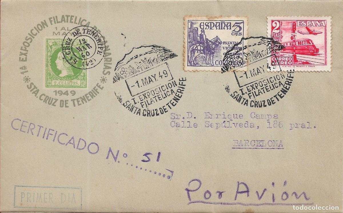 Sellos: I EXPOSICION FILATELICA SANTA CRUZ TENERIFE (CANARIAS) 1 MAYO 1949. MATASELLOS EN ENVUELTA CIRCULADA
