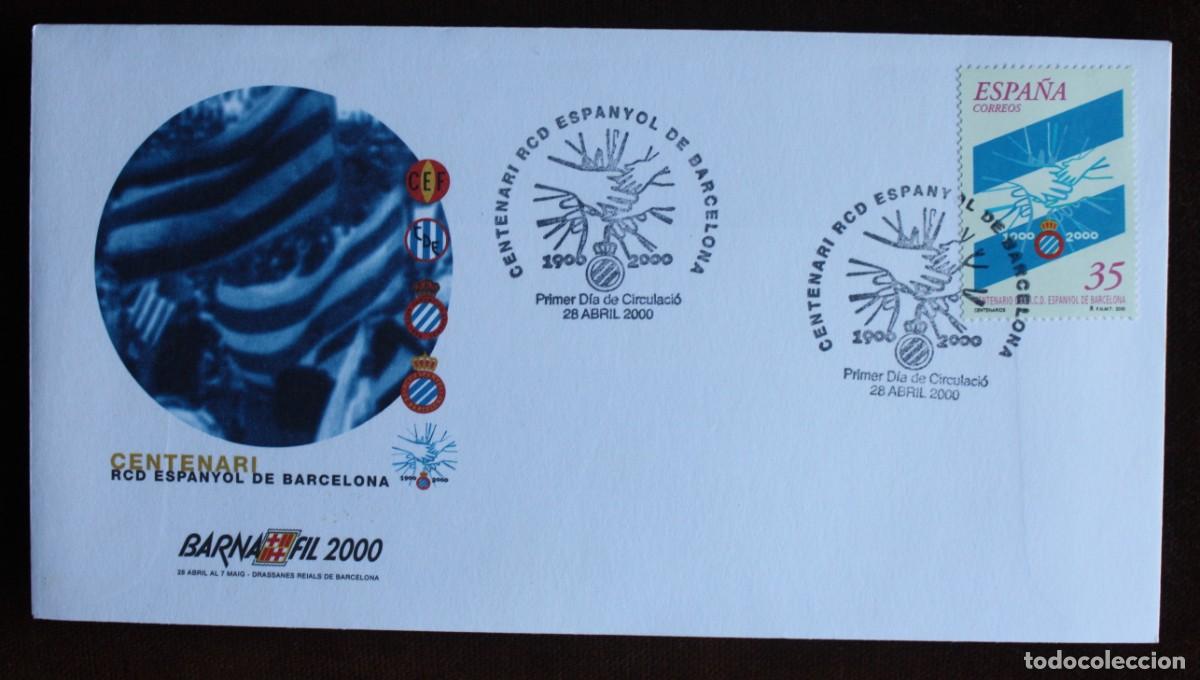 Sellos: ESPA&Ntilde;A FDC CENTENARIO DE LA FUNDACI&Oacute;N DEL RCD ESPANYOL BARCELONA, 2000 - Foto 1