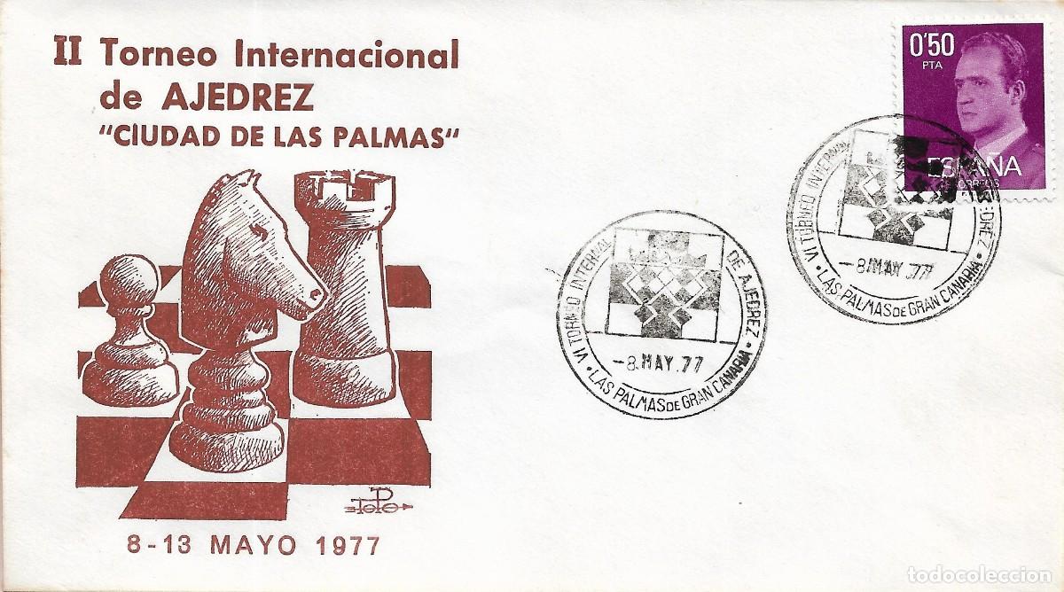 Sellos: AJEDREZ VI TORNEO INTERNACIONAL CIUDAD DE LAS PALMAS (CANARIAS) 1977. RARO MATASELLOS EN SOBRE TOPO