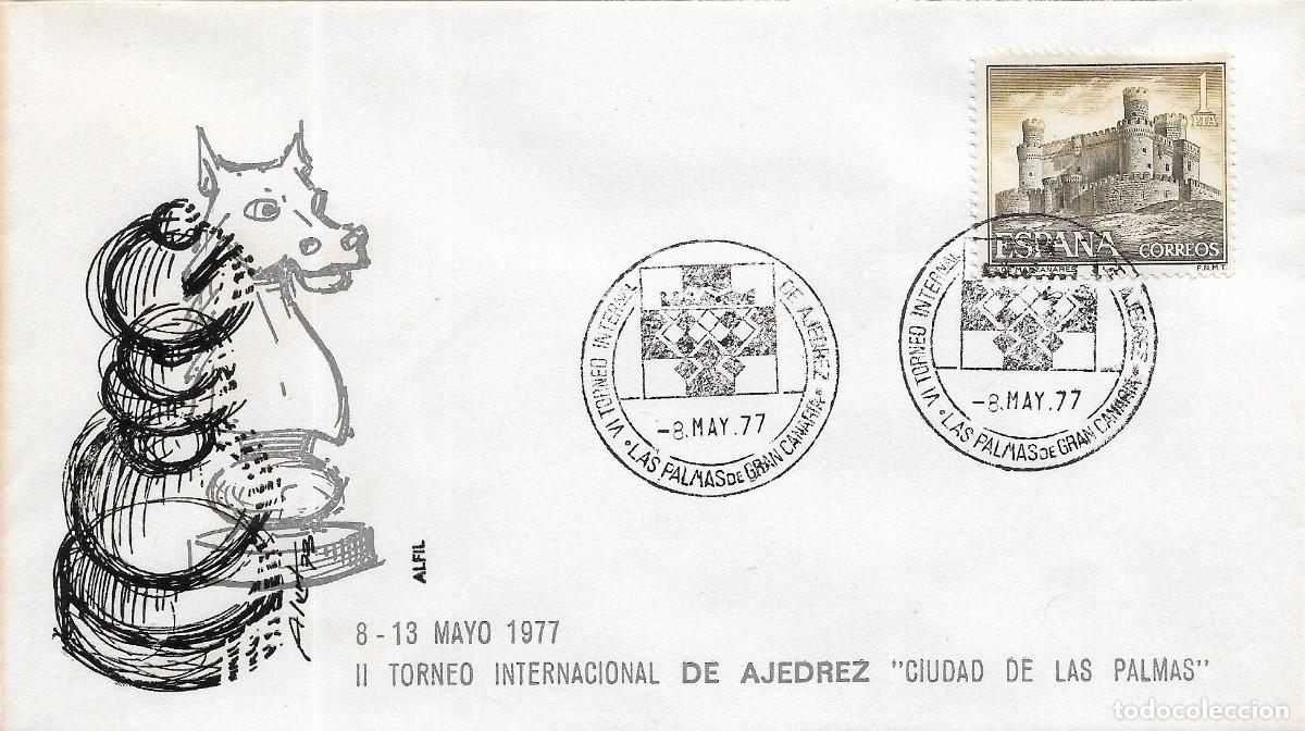 Sellos: AJEDREZ VI TORNEO INTERNACIONAL CIUDAD DE LAS PALMAS (CANARIAS) 1977. RARO MATASELLOS EN SOBRE ALFIL