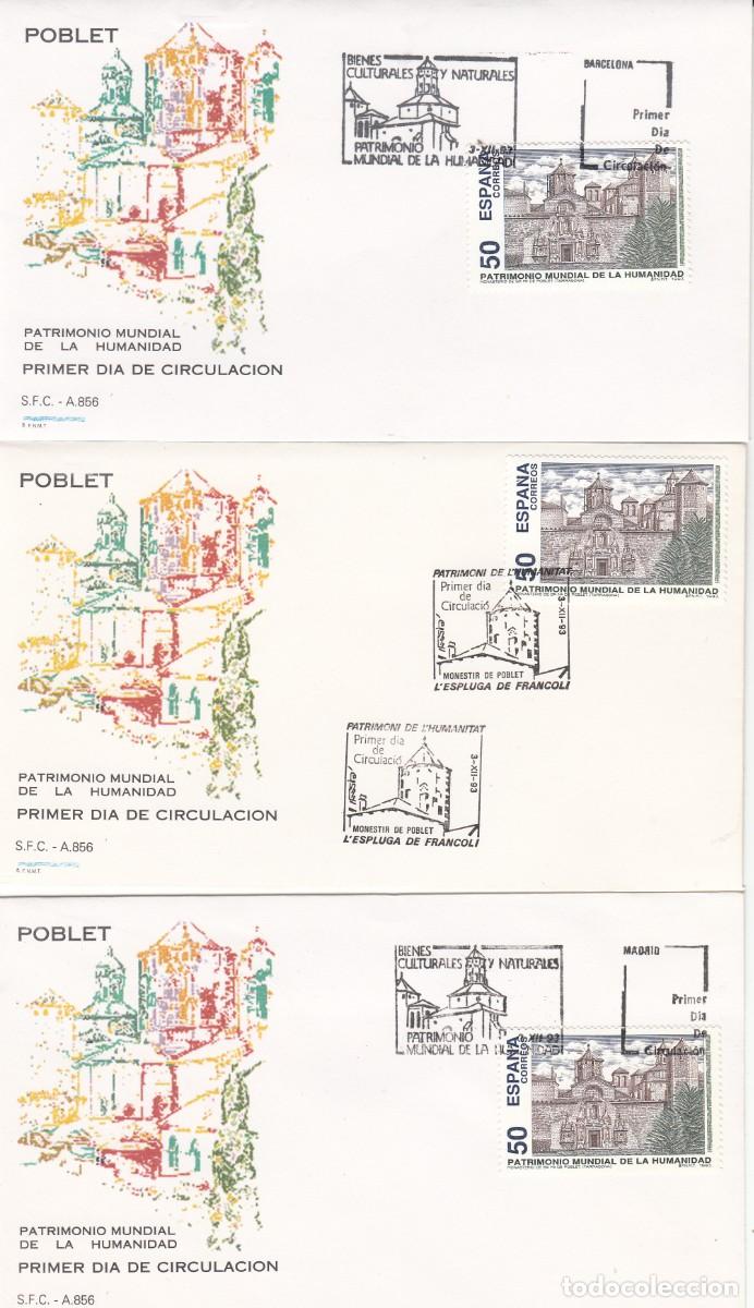 Sellos: SPD - PRIMER DIA PATRIMONIO MUNDIAL- POBLET -LOS TRES MATASELLOS: MADRID-BARCELONA-POBLET