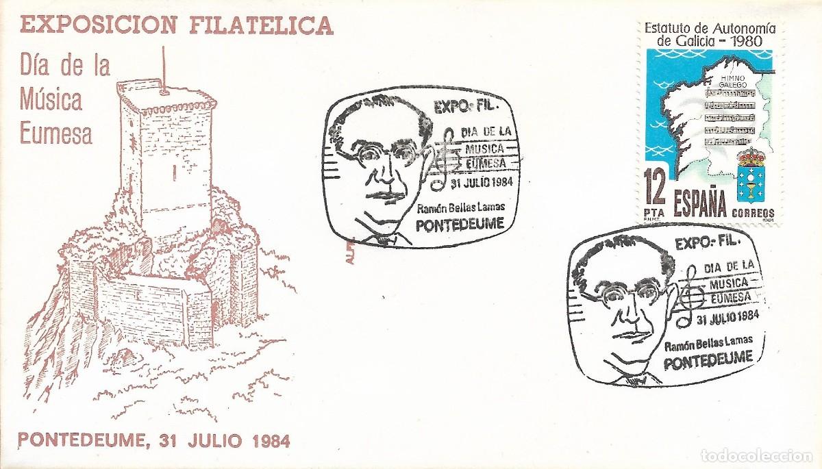 Sellos: DIA MUSICA EUMESA RAMON BELLAS LAMAS, PONTEDEUME (A CORU&Ntilde;A) 1984. RARO MATASELLOS EN SOBRE DE ALFIL