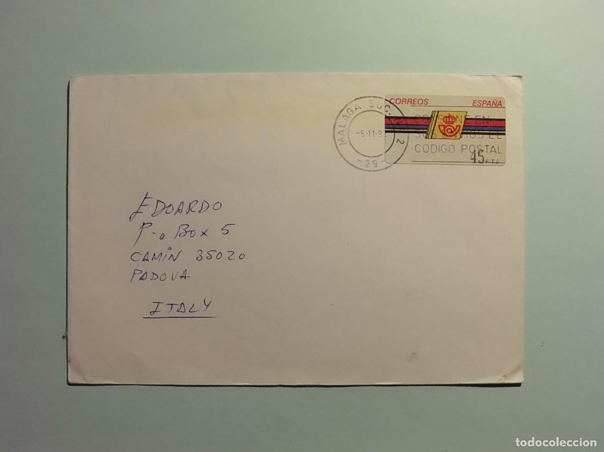 Selos: CORREOS - SOBRE MALAGA-PADUA - ETIQUETAS ATMs, MODELO 1, EMBLEMA DE CORREOS, JUNIO 1992.