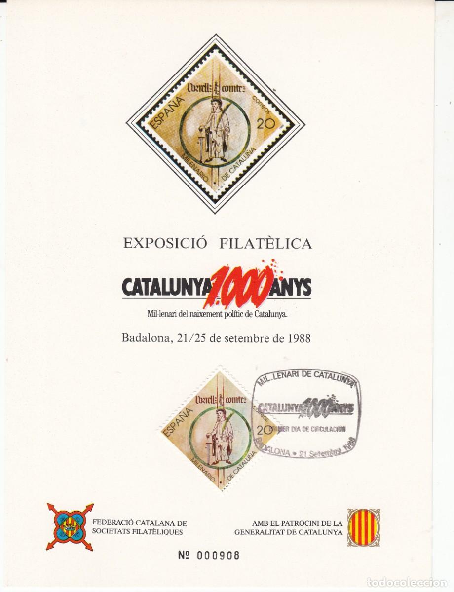 Sellos: DOCUMENTO FILAT&Eacute;LICO CON MATASELLOS - MIL.LENARI DE CATALUNYA - BADALONA - 1988