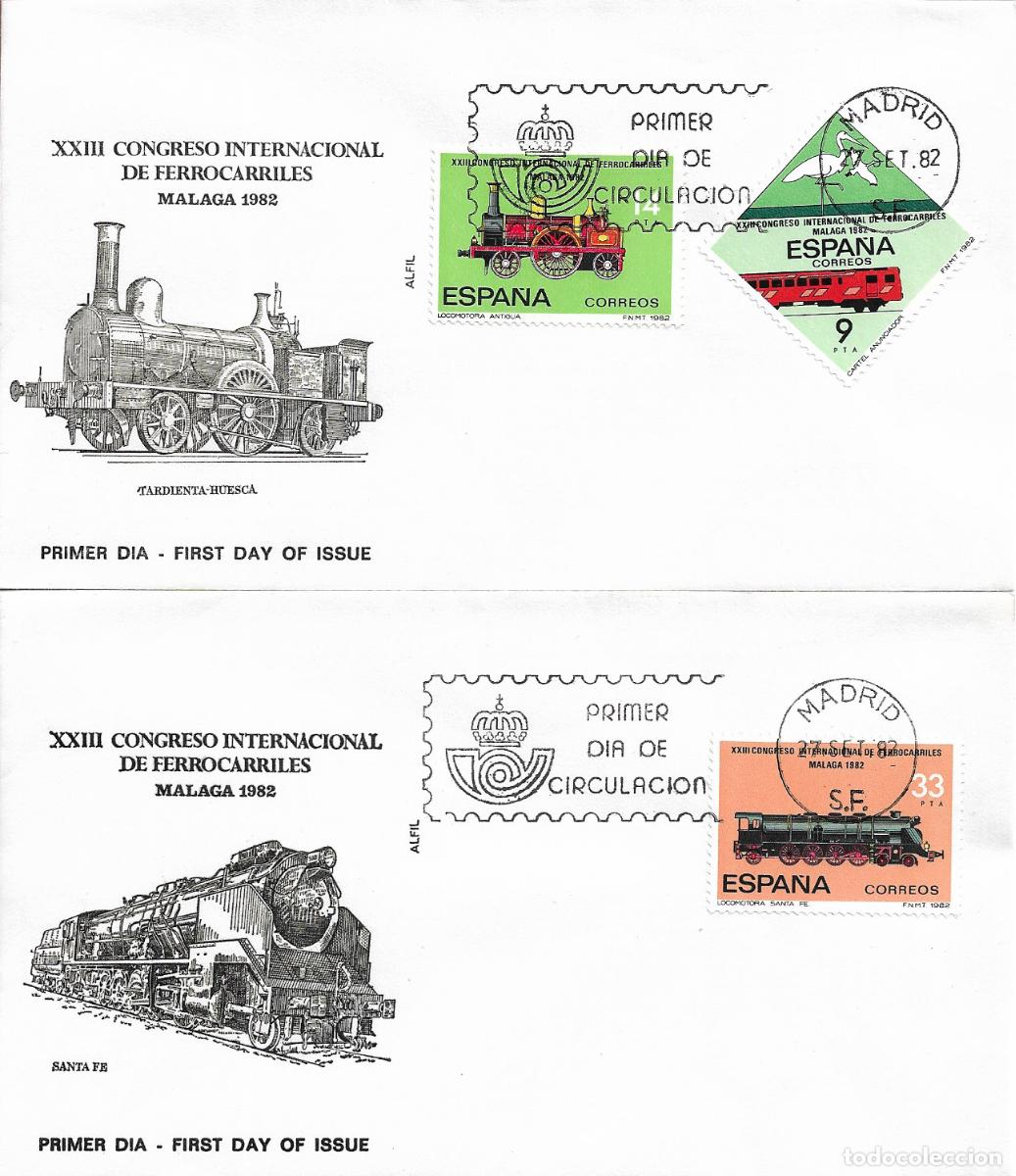 Stamps: TRENES XXIII CONGRESO INTERNACIONAL FERROCARRILES 1982 (EDIFIL 2670/72) EN DOS SPD ALFIL MADRID RARO