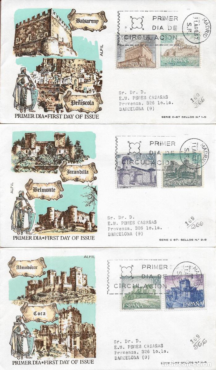 Sellos: CASTILLOS DE ESPA&Ntilde;A 1967 (EDIFIL 1809/16) EN CUATRO SOBRES PRIMER DIA CIRCULADOS DE ALFIL RARO ASI