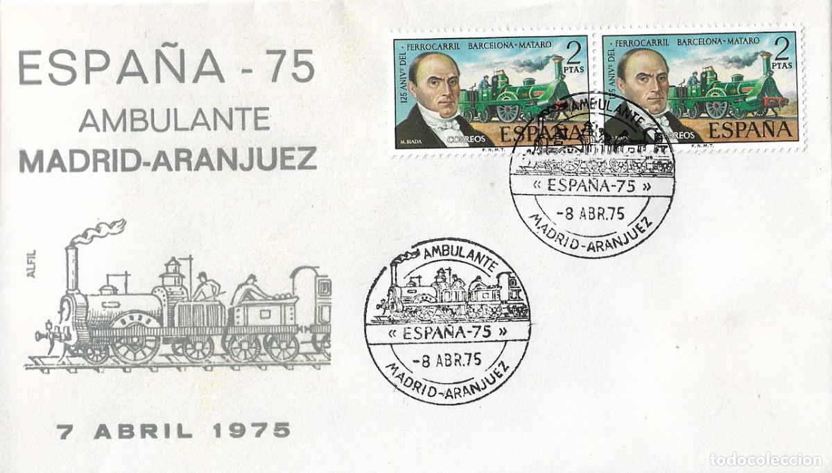 Sellos: TRENES AMBULANTE MADRID-ARANJUEZ 1975 EN ESPA&Ntilde;A-75. RARO MATASELLOS FERROCARRIL EN SOBRE DE ALFIL