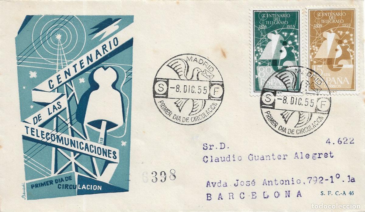 Sellos: I CENTENARIO DEL TELEGRAFO 1955 (EDIFIL 1180/81) EN SPD CIRCULADO DEL SERVICIO FILATELICO RARO ASI