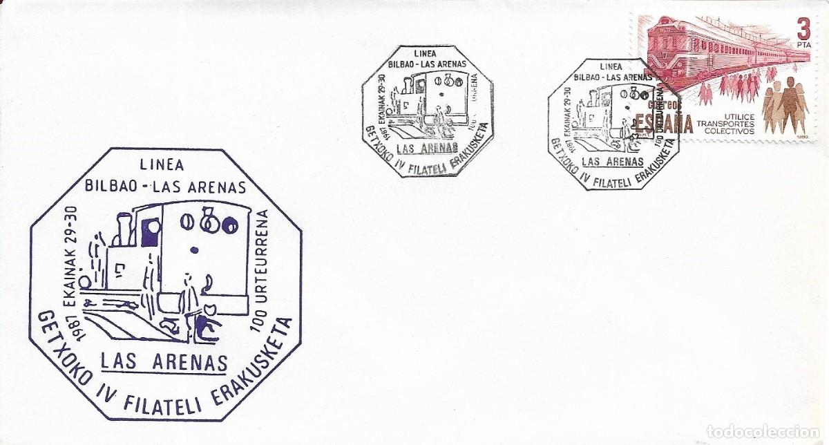 Briefmarken: TRENES 100 A&Ntilde;OS DE LA LINEA BILBAO-LAS ARENAS (VIZCAYA) 1987. MATASELLOS FERROCARRIL RARO SOBRE AZUL