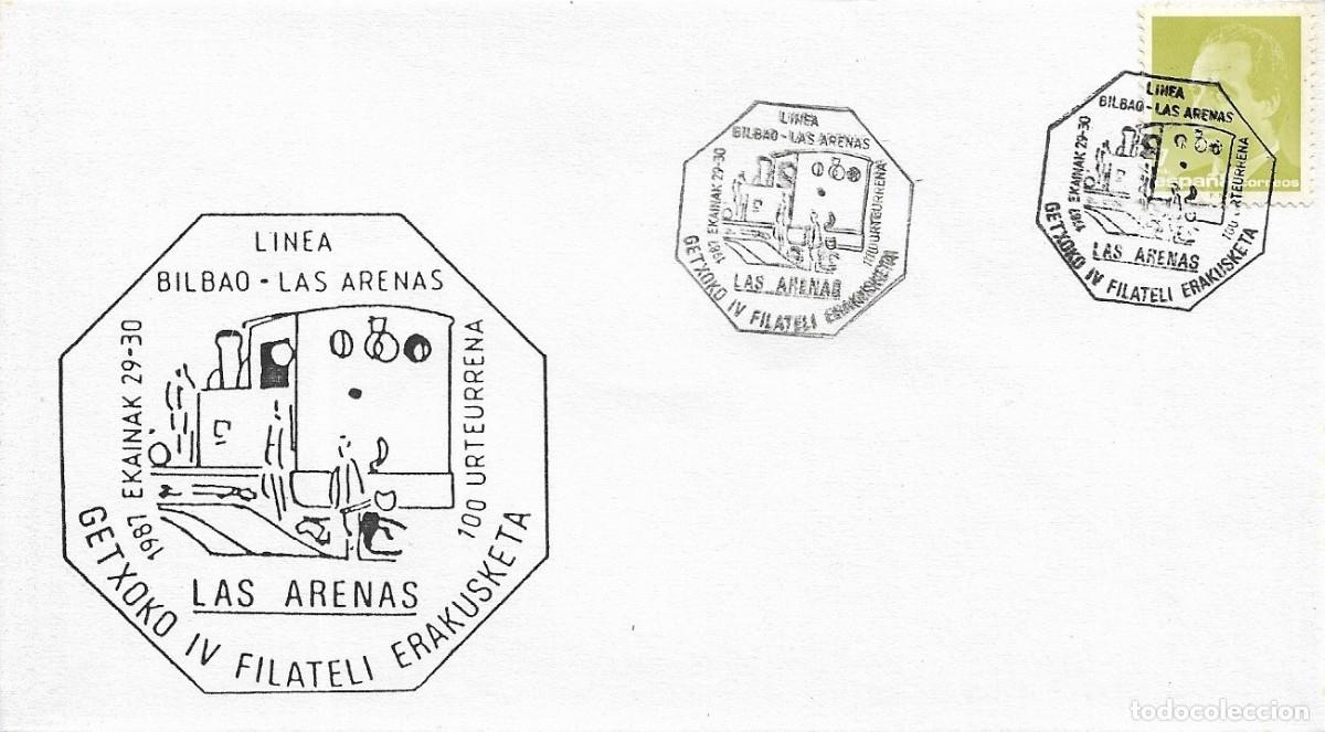 Briefmarken: TRENES 100 A&Ntilde;OS DE LA LINEA BILBAO-LAS ARENAS (VIZCAYA) 1987 MATASELLOS FERROCARRIL RARO SOBRE NEGRO