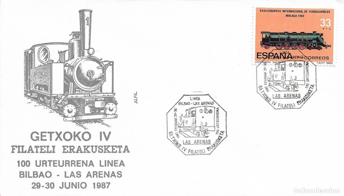Selos: TRENES 100 A&Ntilde;OS DE LA LINEA BILBAO-LAS ARENAS (VIZCAYA) 1987 RARO MATASELLOS FERROCARRIL SOBRE ALFIL