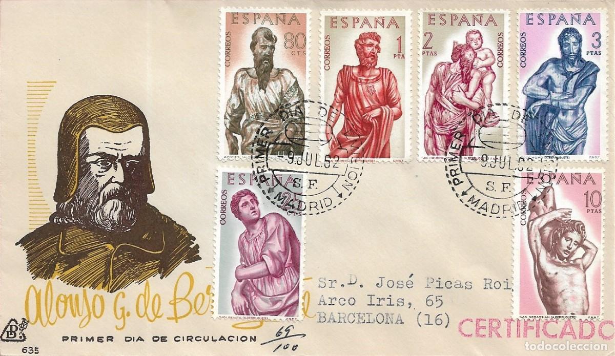 Sellos: ALONSO DE BERRUGUETE 1962 (EDIFIL 1438/43) EN SOBRE PRIMER DIA CIRCULADO DE DP LLEGADA RARO ASI