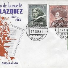 Sellos: PINTURA VELAZQUEZ III CENTENARIO 1961 (EDIFIL 1340/43) EN SOBRE PRIMER DIA DE EG RARO ASI