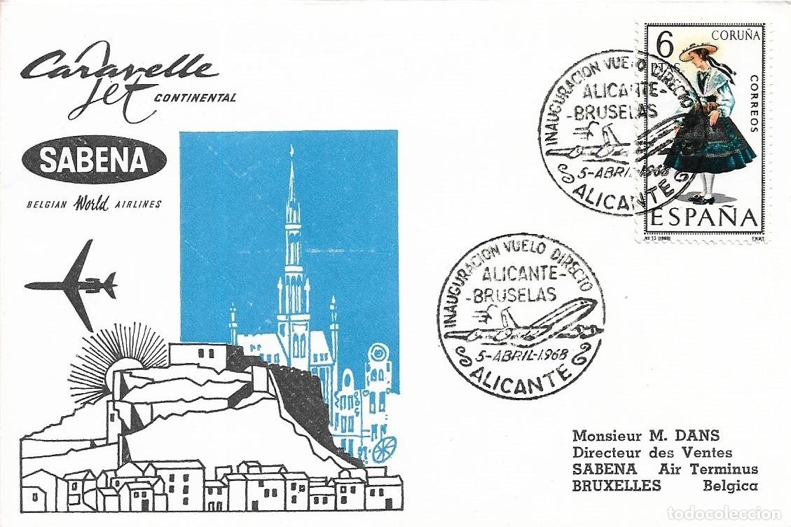 Selos: INAUGURACION VUELO DIRECTO CARAVELLE JET SABENA ALICANTE-BRUSELAS (BELGICA) 1968 EN SOBRE ILUSTRADO