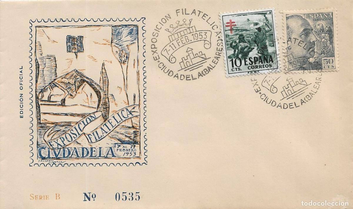 Briefmarken: EXPOSICION FILATELICA, CIUDADELA (BALEARES) 1953. MATASELLOS EN SOBRE EDICION OFICIAL SERIE B RARO
