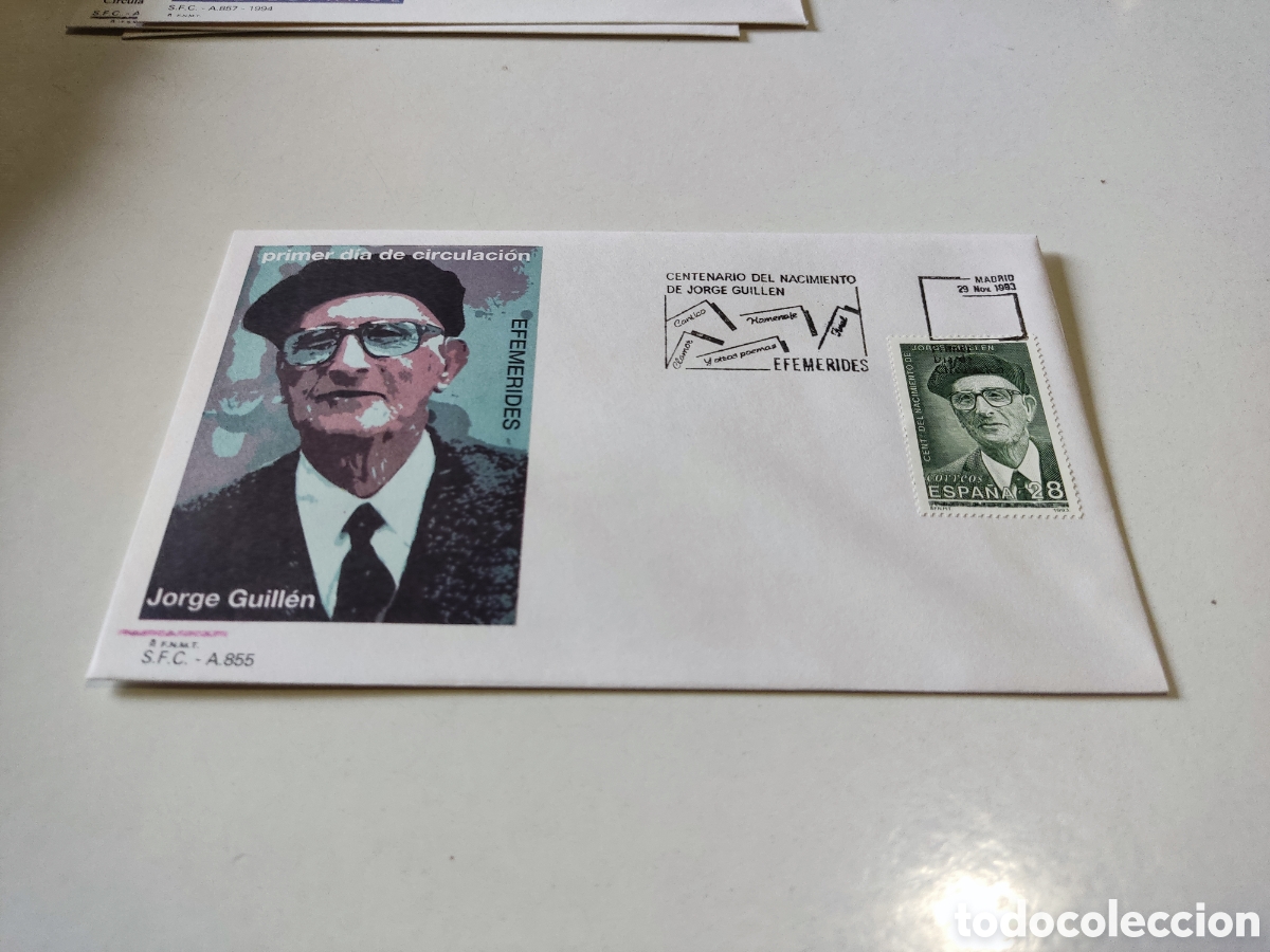 Sellos: Sobre primer d&iacute;a de circulaci&oacute;n Jorge Guill&eacute;n - Foto 1
