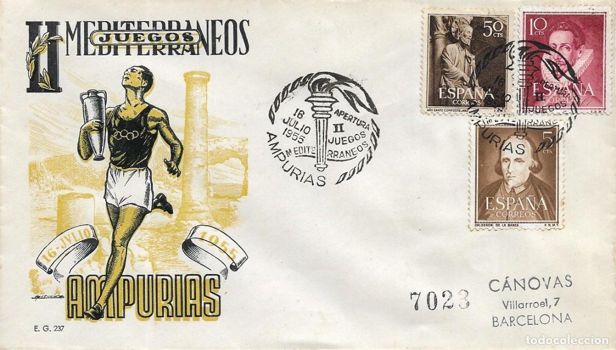 Sellos: II JUEGOS MEDITERRANEOS APERTURA, AMPURIAS (GERONA) 1955. MATASELLOS EN SOBRE CIRCULADO EG RARO ASI