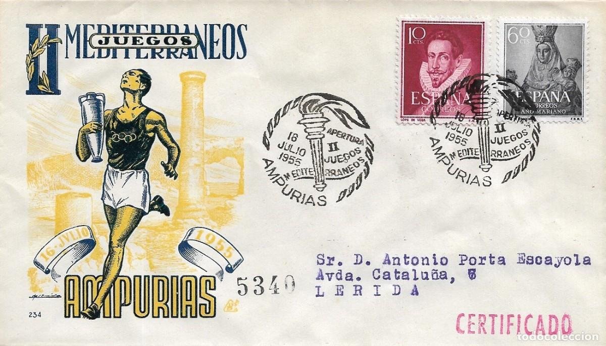 Sellos: II JUEGOS MEDITERRANEOS APERTURA, AMPURIAS (GERONA) 1955. MATASELLOS EN SOBRE CIRCULADO DP RARO ASI