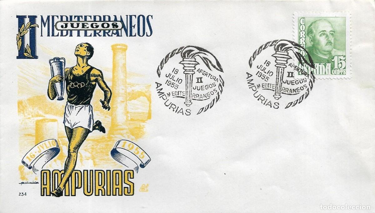 Sellos: II JUEGOS MEDITERRANEOS APERTURA, AMPURIAS (GERONA) 1955. MATASELLOS SOBRE SIN CIRCULAR DP RARO ASI