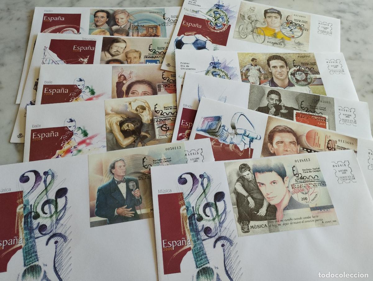 Sellos: 10 sobres 1&ordm; dia de circulaci&oacute;n radio,television,baile,deporte,moda,cine,musica,a&ntilde;o 2000