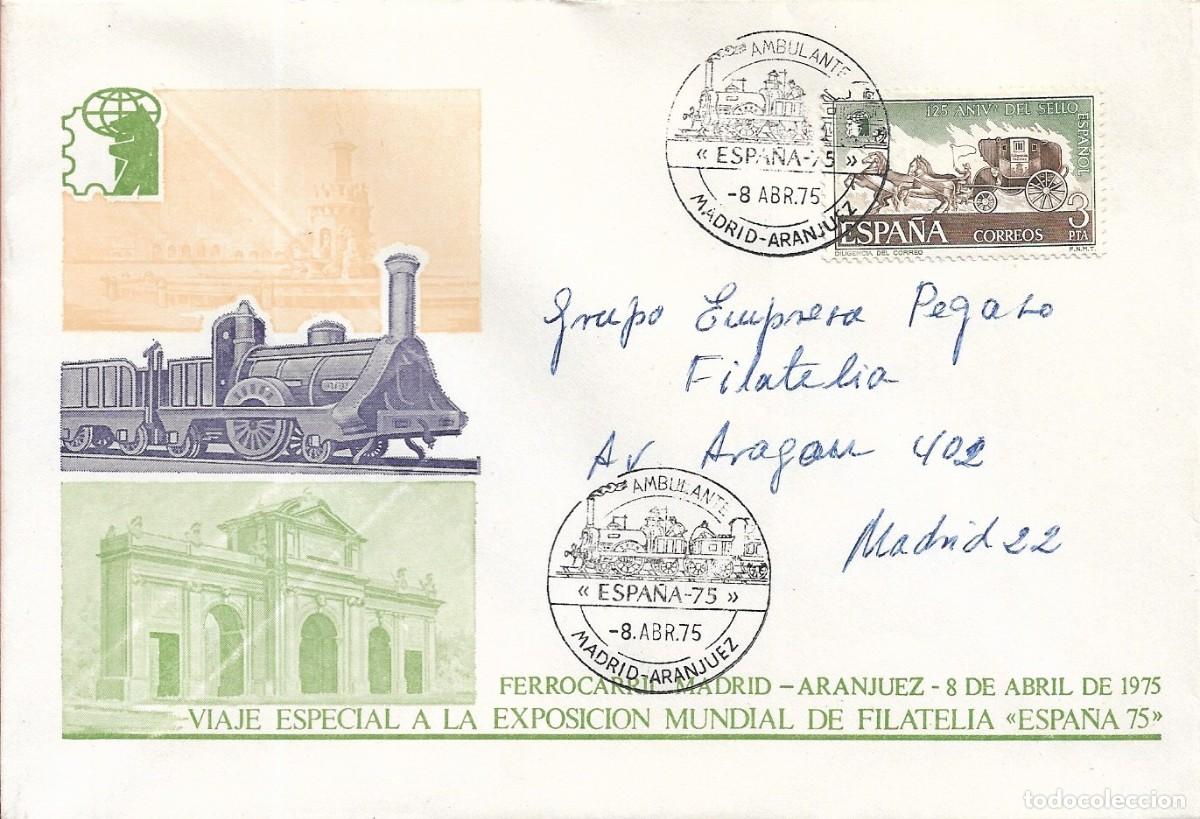 Briefmarken: TRENES AMBULANTE MADRID-ARANJUEZ 1975 EN ESPA&Ntilde;A-75. RARO MATASELLOS FERROCARRIL EN SOBRE ILUSTRADO