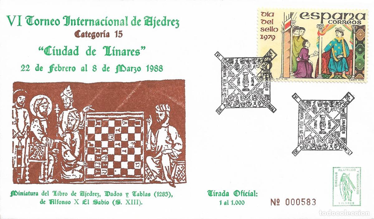 Francobolli: AJEDREZ VI TORNEO INTERNACIONAL CIUDAD DE LINARES (JAEN) 1988. MATASELLOS EN RARO SOBRE ILUSTRADO