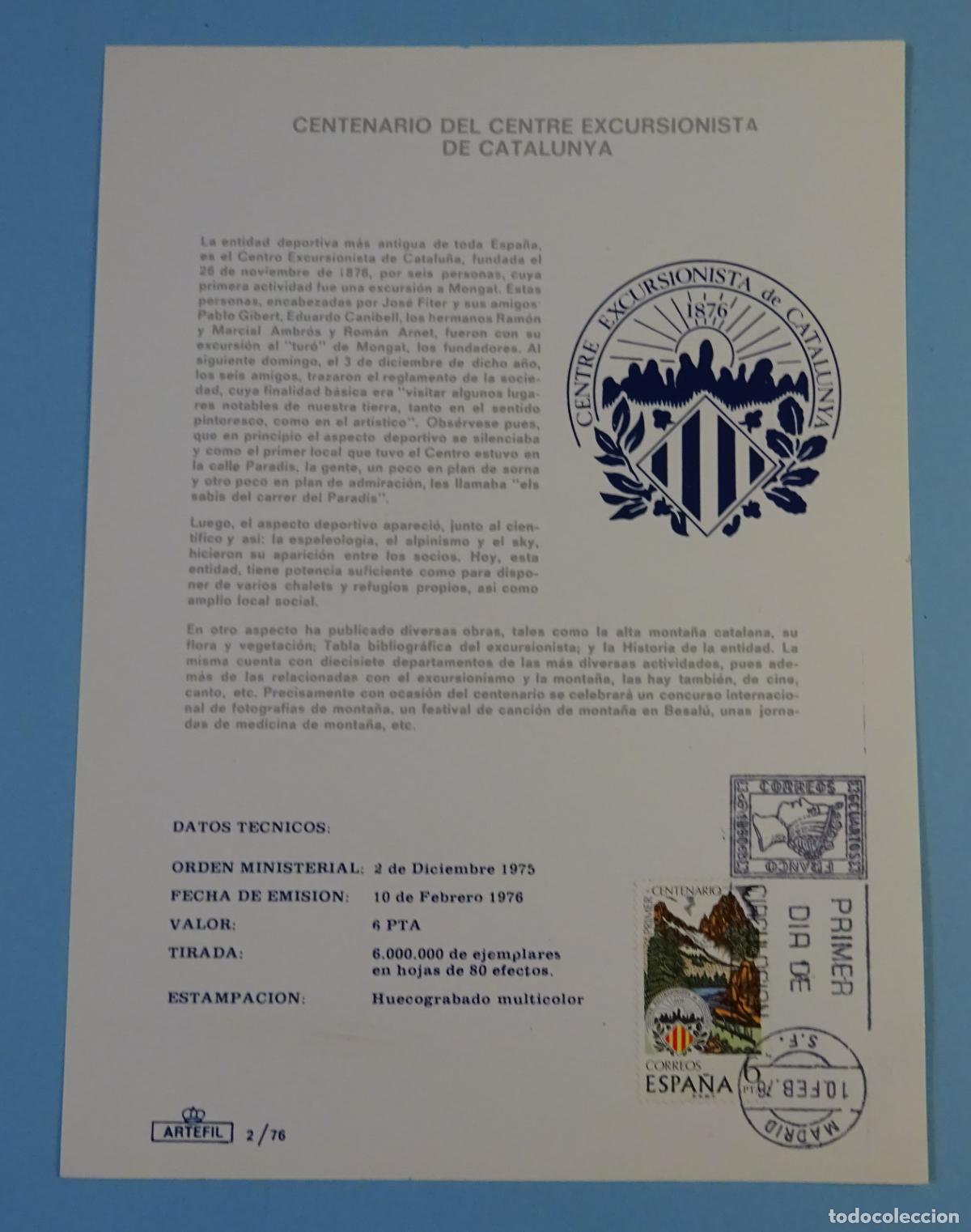 Sellos: CENTENARIO DEL CENTRE EXCURSIONISTA DE CATALUNYA. ARTEFIL 2 / 76 - Foto 1