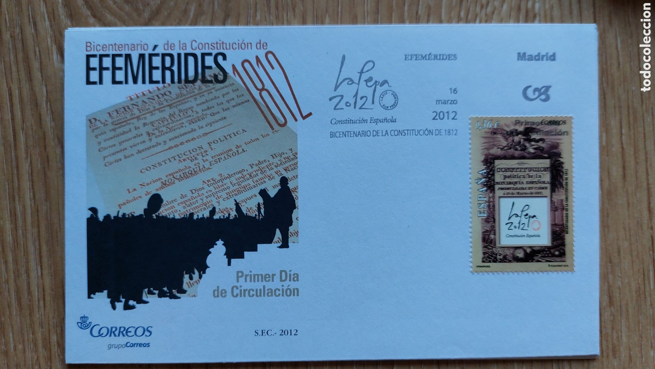 Sellos: Sobre primer d&iacute;a Espa&ntilde;a 2012 Constituci&oacute;n de 1812 - Foto 1
