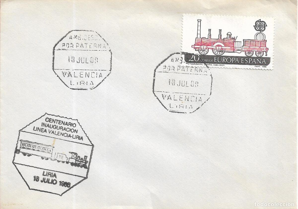 Sellos: TRENES CENTENARIO FERROCARRIL VALENCIA-LIRIA 1988. RARO MATASELLOS AMBULANTE EN SOBRE ILUSTRADO
