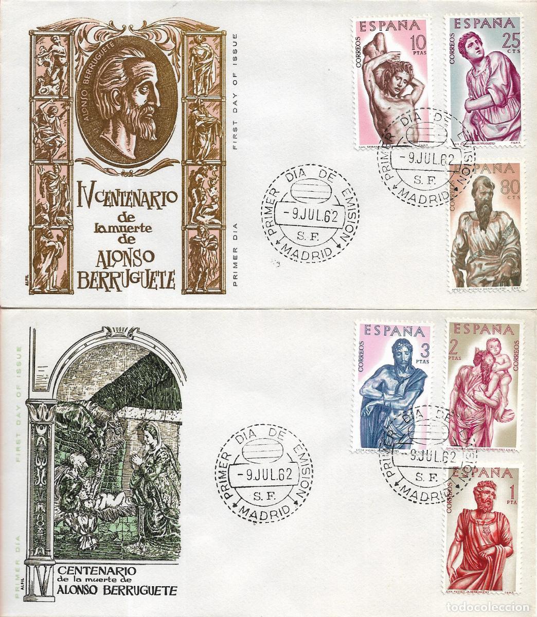 Sellos: ALONSO DE BERRUGUETE 1962 (EDIFIL 1438/43) EN DOS SOBRES PRIMER DIA SIN CIRCULAR DE ALFIL RAROS ASI