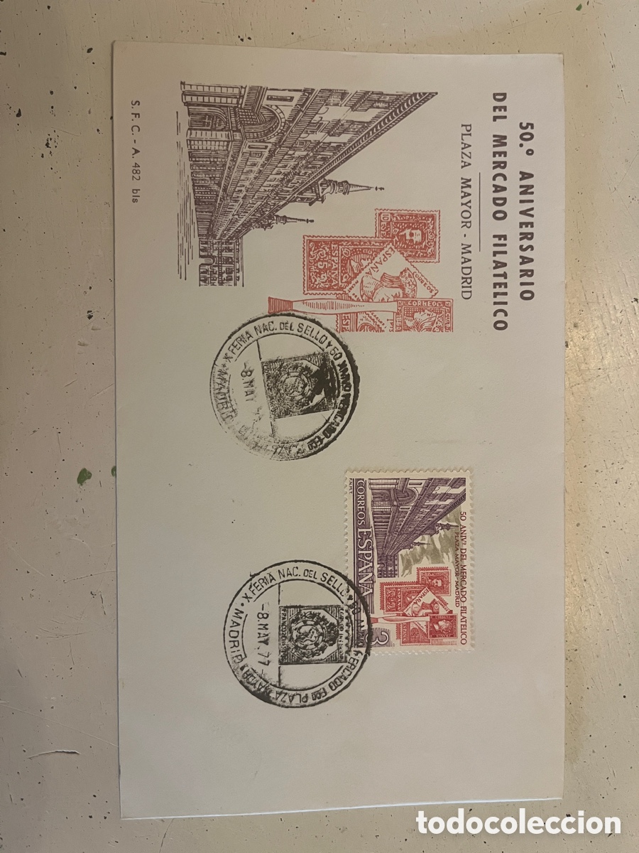 Sellos: I SOBRE 50 ANIVERSARIO DEL MERCADO FILAT&Eacute;LICO. PLAZA MAYOR MADRID. 1977.