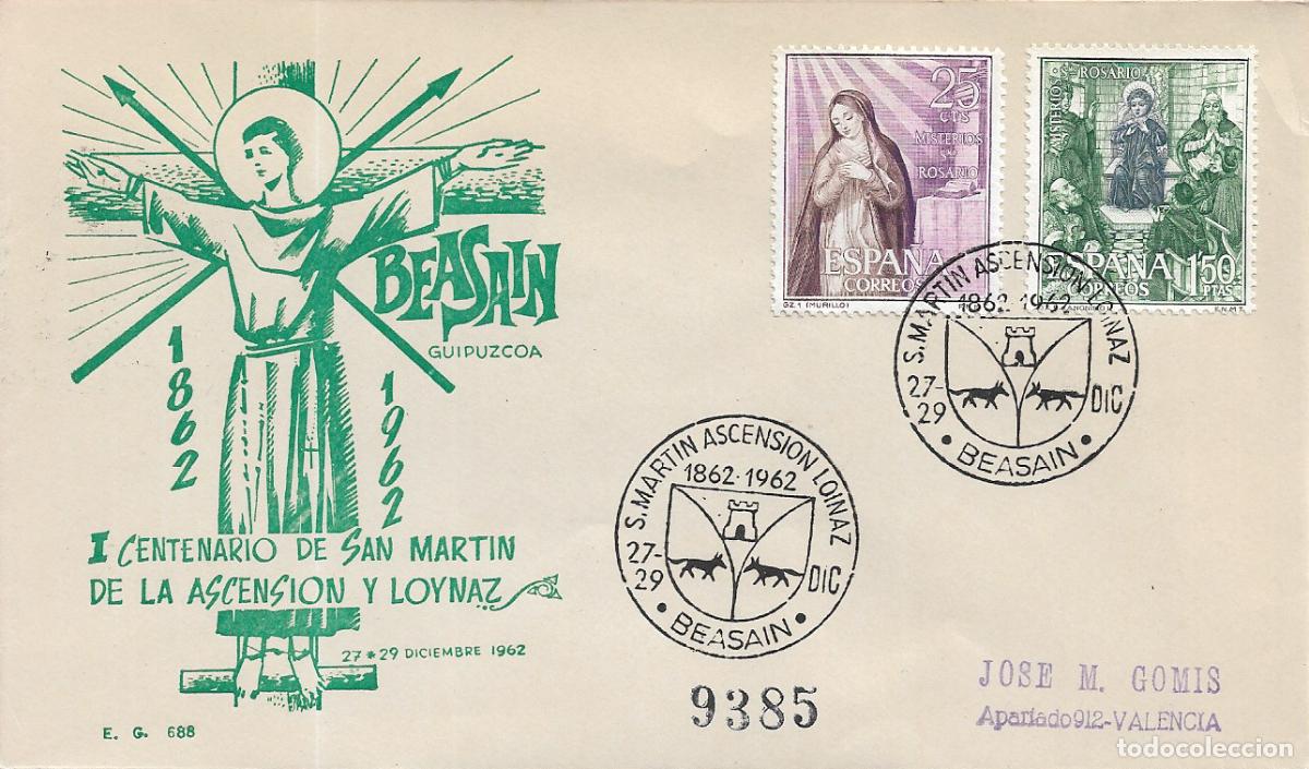 Sellos: SAN MARTIN ASCENSION LOINAZ, BEASAIN (GUIPUZCOA) 1962. MATASELLOS EN SOBRE CIRCULADO DE EG MUY RARO