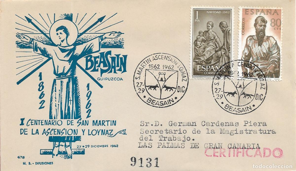 Sellos: SAN MARTIN ASCENSION LOINAZ, BEASAIN (GUIPUZCOA) 1962. MATASELLOS EN SOBRE CIRCULADO DE MS RARO ASI