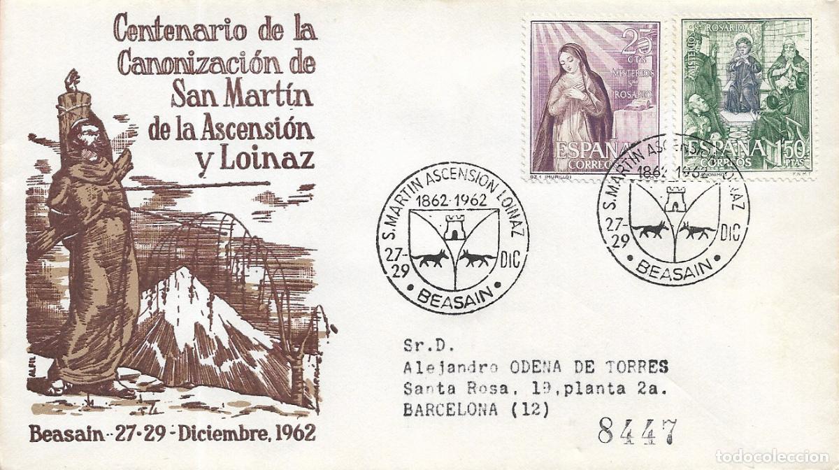 Sellos: SAN MARTIN ASCENSION LOINAZ, BEASAIN (GUIPUZCOA) 1962. MATASELLOS EN SOBRE CIRCULADO ALFIL RARO ASI