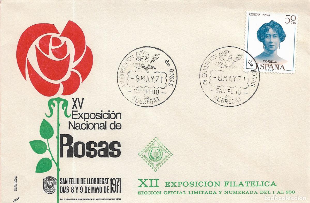 Sellos: ROSAS EXPOSICION NACIONAL, SAN FELIU DE LLOBREGAT (BARCELONA) 1971. MATASELLOS SOBRE EO MOD 5 RARO
