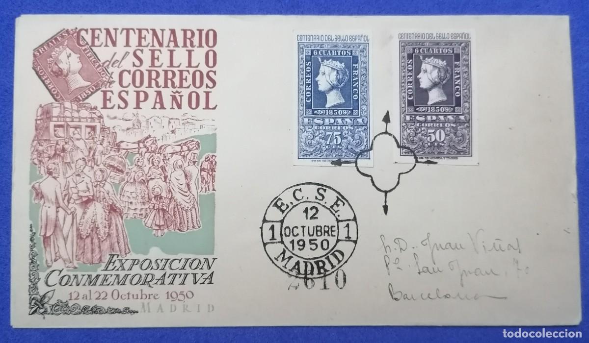 Sellos: SOBRE CENTENARIO DEL SELLO ESPA&Ntilde;OL 1950 - Foto 1