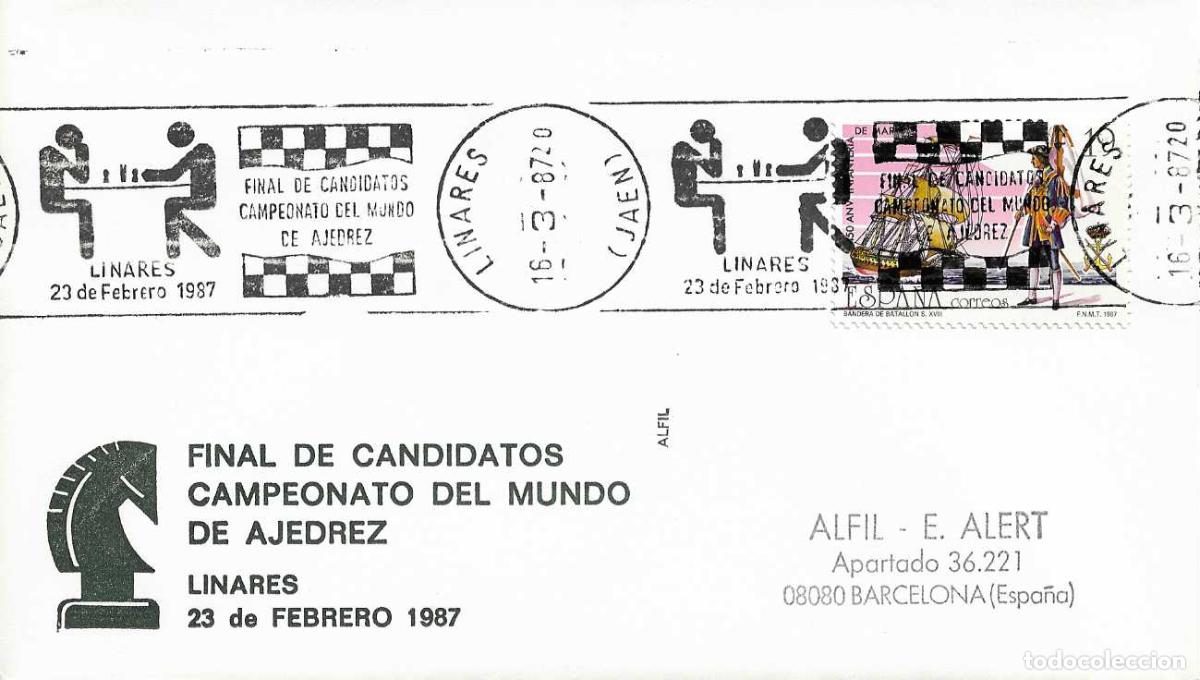 Selos: AJEDREZ FINAL CANDIDATOS CAMPEONATO DEL MUNDO LINARES (JAEN) 1987 RARO MATASELLO RODILLO SOBRE ALFIL