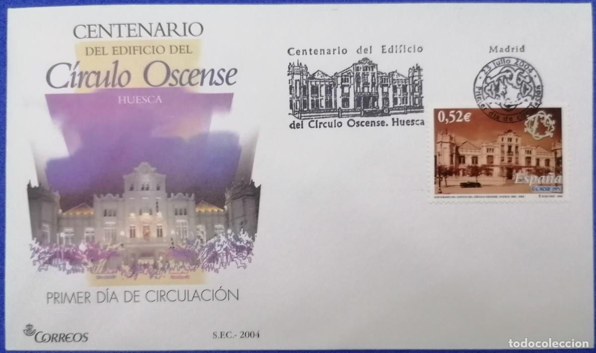 Sellos: SOBRE PRIMER DIA ESPA&Ntilde;A &rdquo;CENTENARIO EDIFICIO CIRCULO OSCENSE 2004&rdquo; COMPLETA - Foto 1