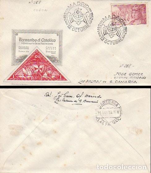 Timbres: EDIFIL 1114 V CENTENARIO DE FERNANDO EL CATOLICO, AEREO, PRIMER DIA ESPECIAL DEL 12-10-1952 MUY RARO