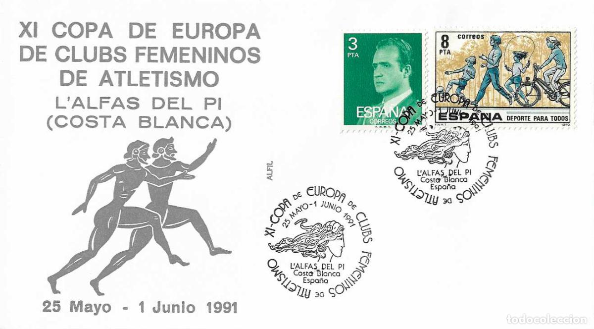 Timbres: DEPORTES ATLETISMO XI COPA EUROPA CLUBS FEMENINOS L'ALFAS DEL PI (ALICANTE) 1991 MATASELLOS EN SOBRE