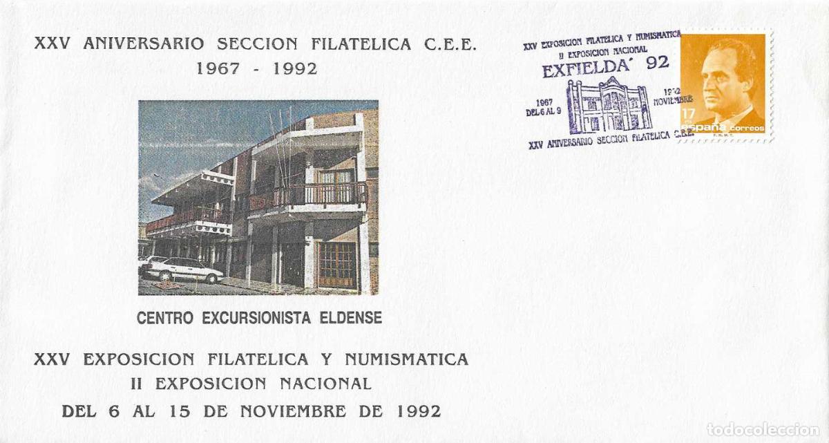 Timbres: XXV EXPOSICION FILATELICA II NACIONAL EXFIELDA, ELDA (ALICANTE) 1992. MATASELLOS SOBRE ILUSTRADO